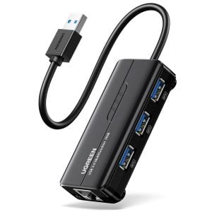 UGREEN USB Type-A Male to Ethernet Adapter with 3-Port USB Hub – Black - Image 1