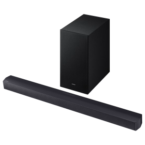 SAMSUNG WIRELESS SOUNDBAR  2.1CH  300W  DOLBY AUDIO  DTS VIRTUAL:X  HDMI ARC  BLUETOOTH TV CONNECTION  ADAPTIVE SOUND  GAME MODE  NIGHT MODE  VOICE ENHANCE  WIRELESS SUBWOOFER  WIRELESS SURROUND SOUND COMPATIBLE - Image 1