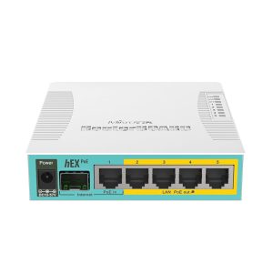 MikroTik hEX POE, Desktop Router, 5x GB LAN (four with POE out), SFP, USB, plastic case and PSU - Image 1